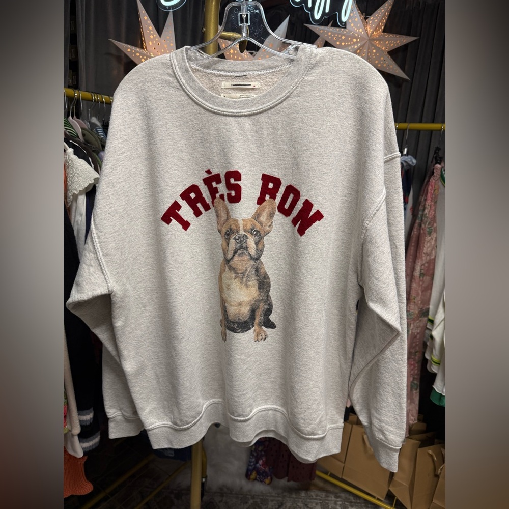 37) NWOT Anthropologie Oversized Dog Graphic Sweatshirt Grey Frenchie minor flaw - Picture 6 of 8